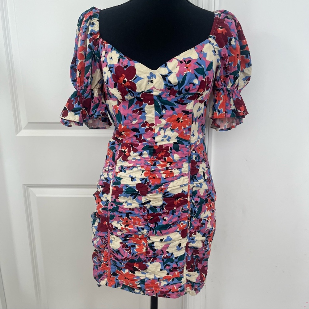 Pants Store Floral Ruched V Neck Mini Dress Sz M
